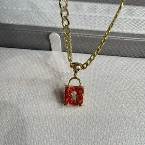 1" 14K Gold Red Enamel Padlock Pendant Necklace Unique Eye-Catching Jewelry Accessory for Distinctive Style