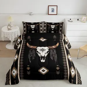 Boys Girls Western Bull Skull Bedding Set ,Southwestern Aztec Comforter Set Kids Boho Tribal Comforter Ethnic Bohemian Rustic Country Teens Duvet Set