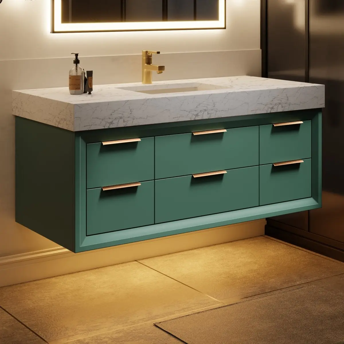 Glam 48" Emerald Green Bathroom Vanity with Lights and Stone Slab Countertop, Single Sink