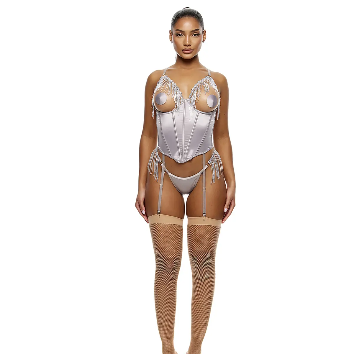 Forplay Peep Show 3-Piece Sequin Fringe Bustier Lingerie Set - Silver