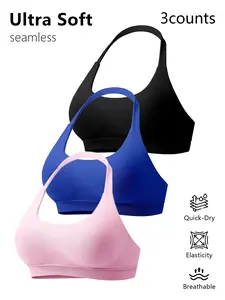 Women's Sexy Backless Sports Bra Set, High Elasticity Detachable Pads, Tight-Fit Yoga Fitness Underwear, All-Season Plain Design Workout Bra