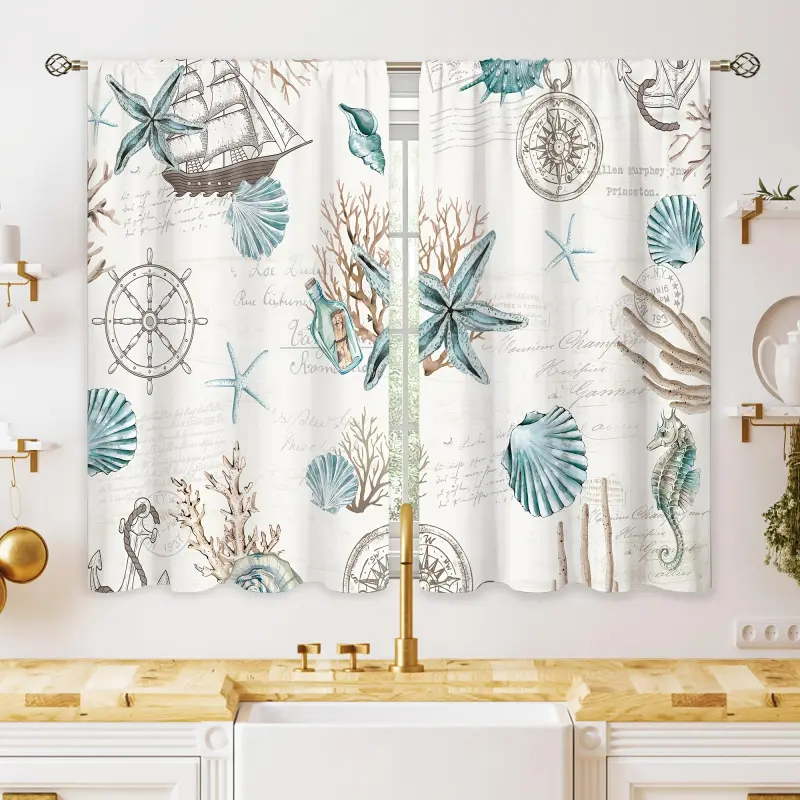 Vintage Nautical Coastal Double-Layer Room Darkening Window Drapes - 27.5x39in Starfish-Seashell-Coral Print Semi-Short Curtains with Floral Ruffle, Machine-Washable Boho Set of 2 for Bathroom Use