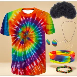 60s 70s Hippie Costume Kit for Men & Women – Retro Outfit Accessories Set Includes Afro Wig, Tie Dye T-Shirt & More for Cosplay Halloween Theme Party