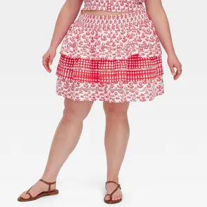 Women's Floral/Star Geo Tiered Mini Skirt Red - Roller Rabbit  2X