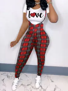 2 Piece Set Valentine's Day Checkered Heart Cami Pants, Short Sleeve Tee for Casual Daily Wear & Date Style
