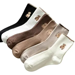 5 Pairs Teddy Bear Pattern Crew Socks, Elastic & Non-slip, Warm Versatile Socks for Fall & Winter