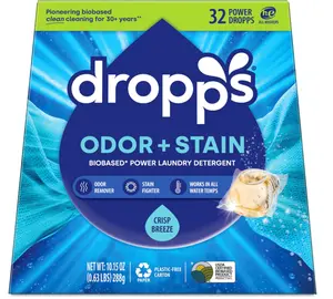 Dropps Odor & Stain Biobased Power Laundry Detergent Pods, Crisp Breeze (32 Pods) - HE Compatible Laundry Pods for Fresh Clothes - Laundry Soap Supplies & Recyclable Paperboard Packaging