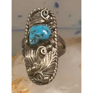 Navajo ring long leaves turquoise signed EP size 6 sterling silver women