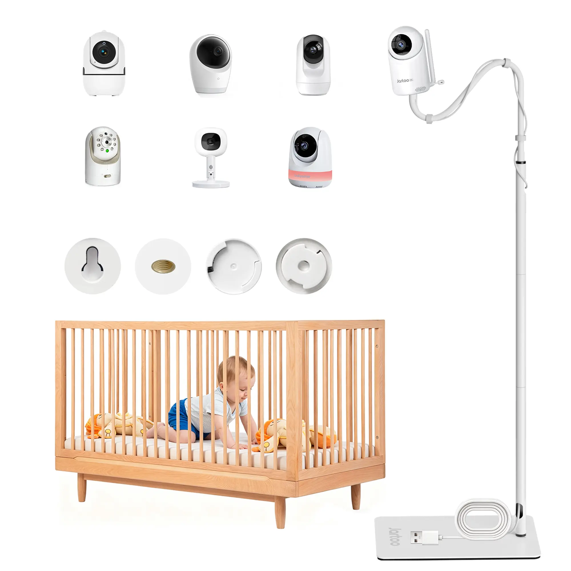 Jartoo Baby Monitor Floor Stand Holder Mount, (Camera NOT Included) Compatible for HelloBaby HB65/HB40/HB6560/HB6339/HB6550 Pro, Momcozy, Nanit, VAVA, Adjustable Height & Stable Base, No Tools or Wall Damage, Sturdy, Nursery