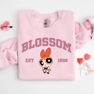 Blossom Sweatshirt, #Powerpuff Girls Character Sweatshirt, Cute Cartoon Weightlifting Tee, Gym Shirt, Graphic Gym Shirt, Vintage Washed Tee Cotton, Gym Shirt Women, For Men, Full Size