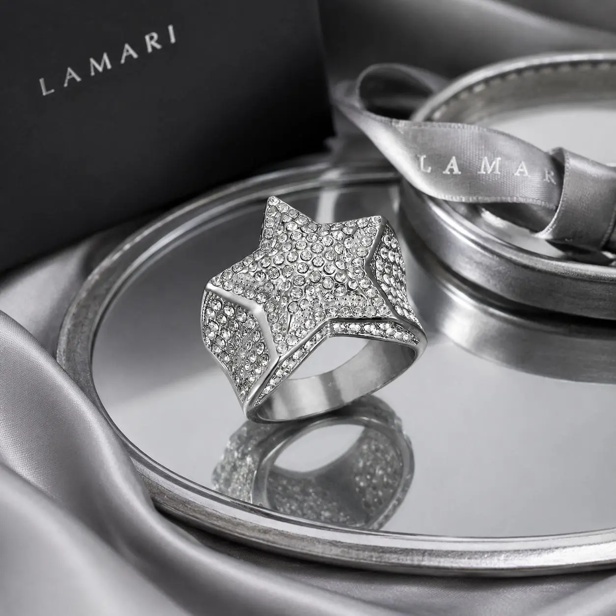 LAMARI Gold Tone Star Ring Rhinestone Stainless Steel Hip Hop Fashion Jewelry for Men