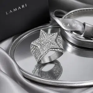 LAMARI Gold Tone Star Ring Rhinestone Stainless Steel Hip Hop Fashion Jewelry for Men