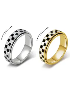Classic Vintage Stainless Steel Checkered Ring, Stacking Rings, Rotatable Chessboard Design, Unisex Daily Wear, Hip Hop Commuter Style