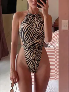 1 Piece Zebra Print Halter One Piece Swimsuits Female High Leg Cut Swimwear Wrap Around Bathing Suits