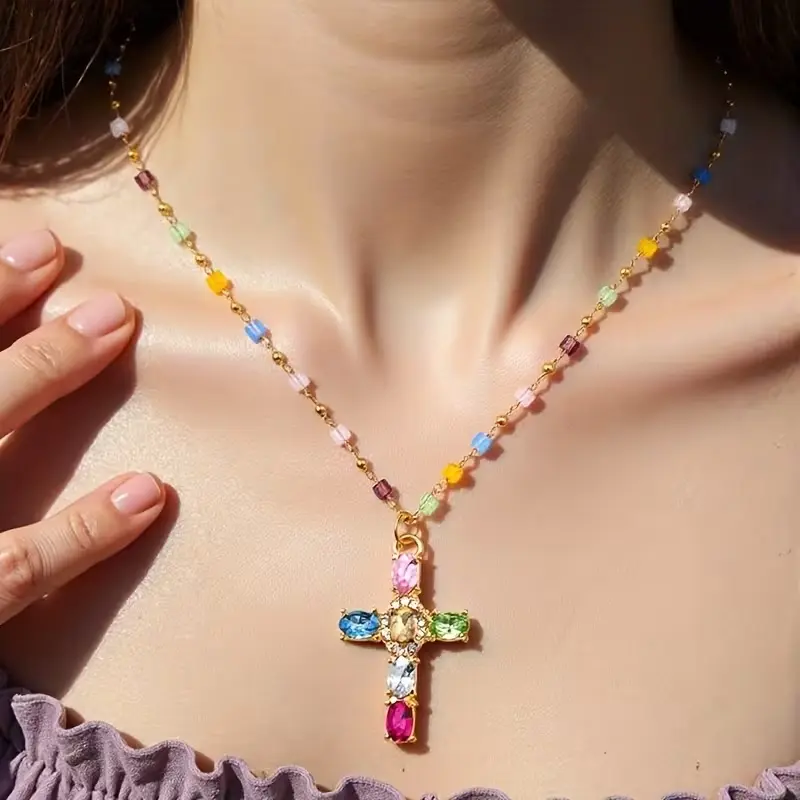 Colorful Cross Necklace for Women 14K Gold Plated Rainbow Beaded Chain with Multi-Color CZ Cross Pendant Waterproof Religious Christian Jewelry for Daily Wear Party Gifts