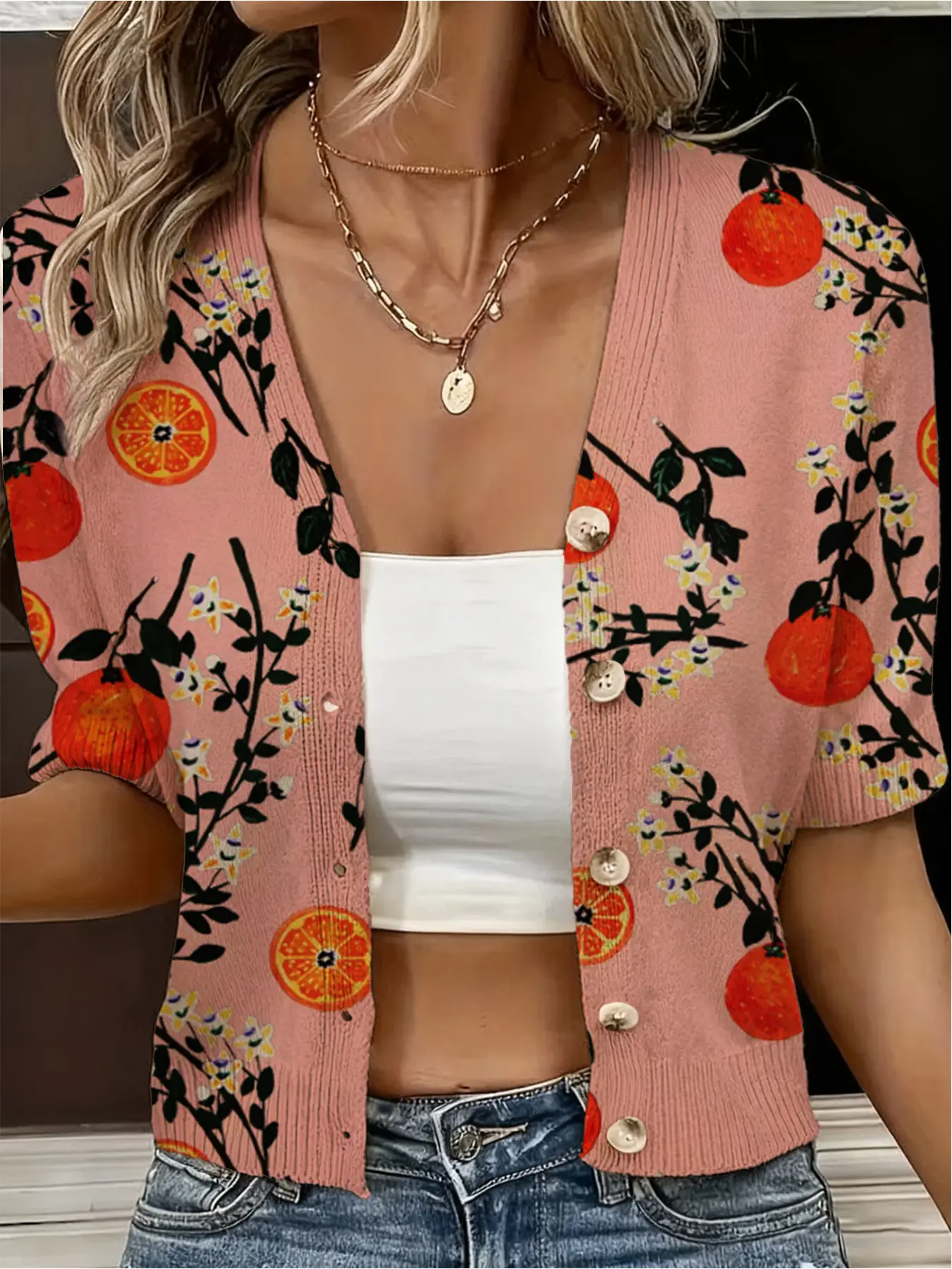 Spring and Summer Collection: Womenswear V-neck color-block orange floral print fitted knitted short-sleeved cardigan, bohemian vacation style, casual commuting outerwear, Aesthetic casual knitwear