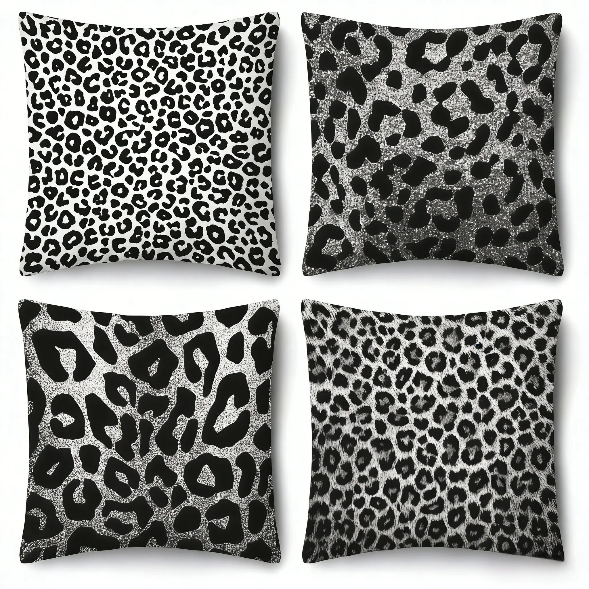 4pcs-Vintage Leopard Print Themed Throw Pillow Covers, Black, White Leopard Print, Home Spring Décor, Home Textile, Bedroom Decorative Accessories, Suitable Living Room, Bedroom, Sofa & Bed, 2D Flat, Single Sided Printing, No Pillow Core