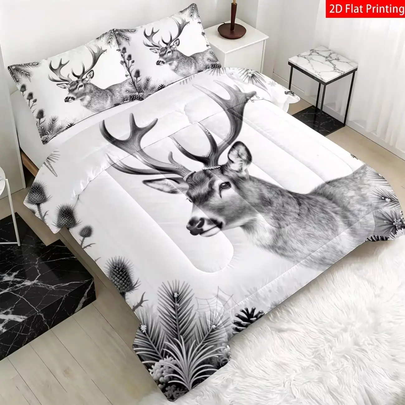 3-piece LATACACA Winter Deer and Pine Quilted Quilt Quilt - U-shaped Quilted Quilt Core Machine Washable Quilted Bedding Fiber Fill, Black and White Deer Pattern, 1 Quilted Quilt 2 Pillowcases (excluding pillow core), 2D Flat Print
