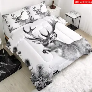 3-piece LATACACA Winter Deer and Pine Quilted Quilt Quilt - U-shaped Quilted Quilt Core Machine Washable Quilted Bedding Fiber Fill, Black and White Deer Pattern, 1 Quilted Quilt 2 Pillowcases (excluding pillow core), 2D Flat Print