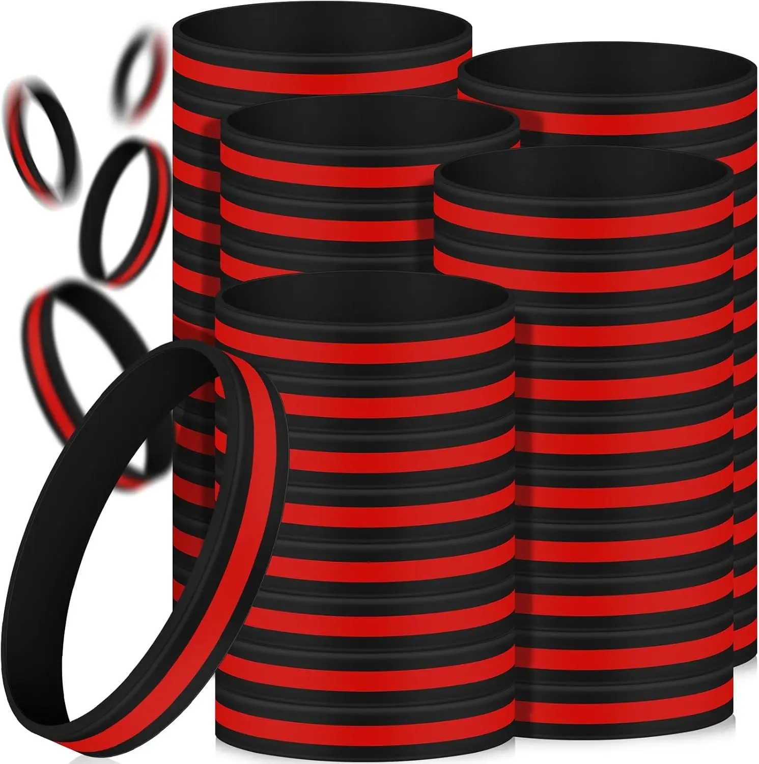 Wavwavw 100 Pcs Red Thin Line Bracelets Rubber Firefighter Awareness Support Silicone Wristband for Men Women Holiday Patriotic Fundraisers Funeral Gifts Supply
