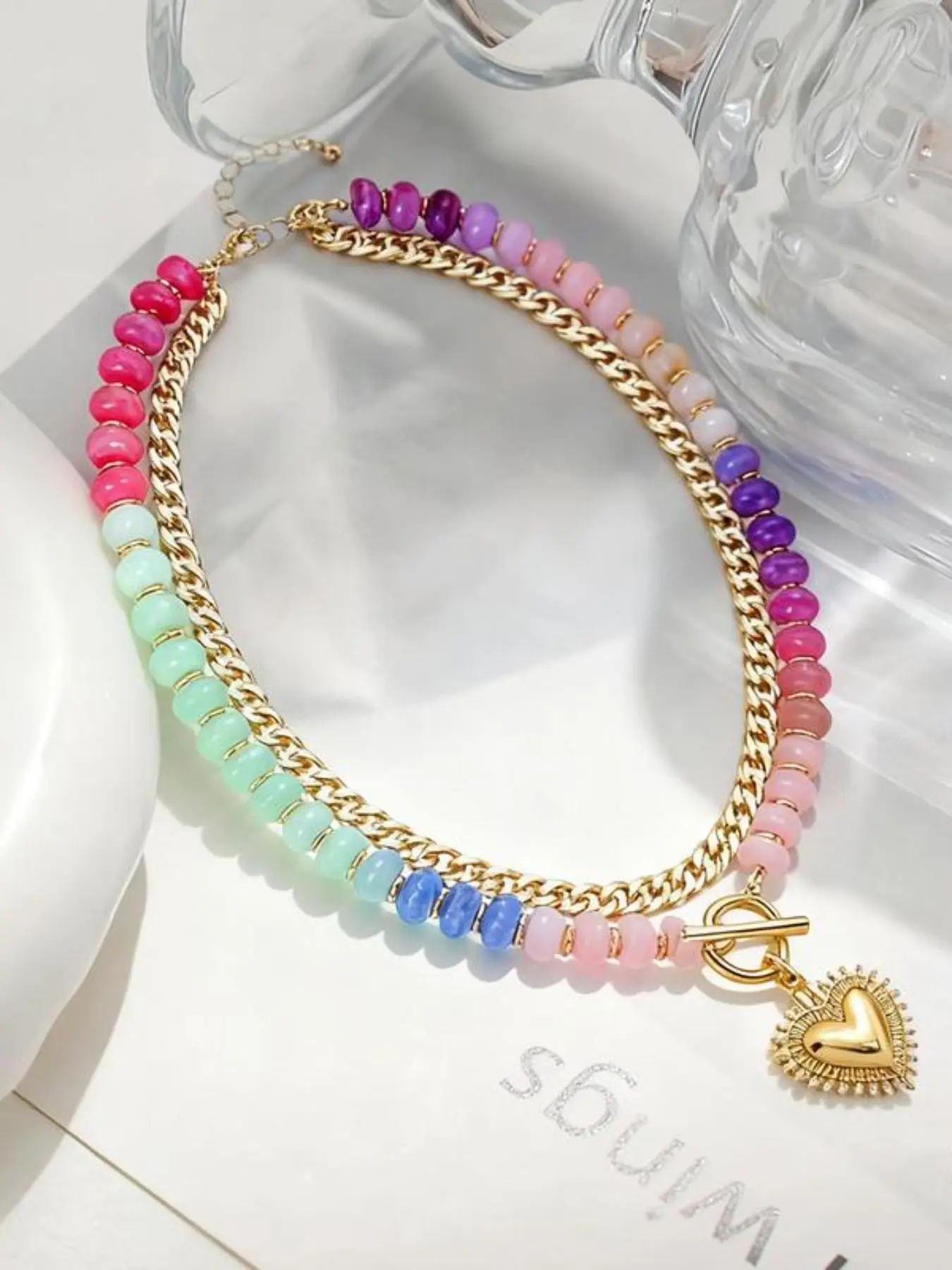 Dopamine Colorful Beaded Necklace, Alloy Necklace, Ethnic Style Collar Chain, Stackable Heart Pendant, Fashion Jewelry Multifunctional Accessory, Trendy Charm Necklaces, Beaded Chains