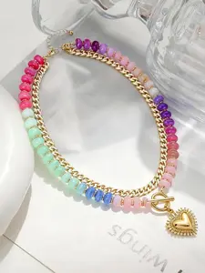 Dopamine Colorful Beaded Necklace, Ethnic Style Collar Chain, Stackable Heart Pendant, Fashion Jewelry Multifunctional Accessory, Trendy Charm Necklaces