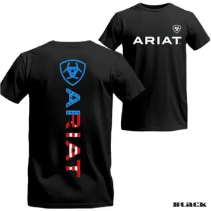 Ariat T-shirt - Vertical Logo Design With Bold American Flag Pattern, Suitable For Both Men And Women Who Appreciate A Modern And Patriotic Style