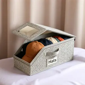 Stackable Cap & Snapback Storage Box - Heavy-Duty Grey Cardboard Container with Clear Flip-Top Lid, Holds Up to 12 Hats, Ideal for Closet & Garage Use, Protects from Crushing, Dust & Damage, PVC-Reinforced Metal Accents, Saves Wardrobe Space