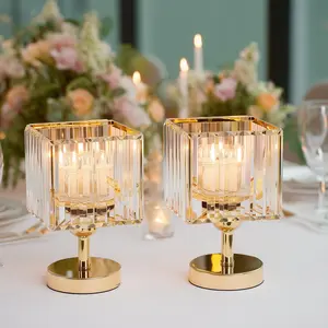 2 Pack Crystal Pendant Hurricane Candle Holders in Gold, 9" Elegant Square Design for Pillar Candles, Decorative Table Centerpieces