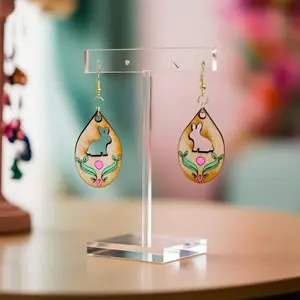 Bunny Rabbit Dangle Earrings, Laser Cut Wood Teardrop, Springtime