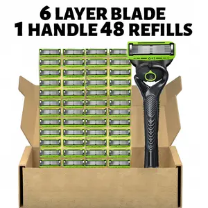 【Quality Upgrade】Men's 6-blade razor set, includes 12/24/48pcs replacement blades, features a reed extract lubricating strip for a smooth shave, and a durable, non-slip handle; suitable for both face and body