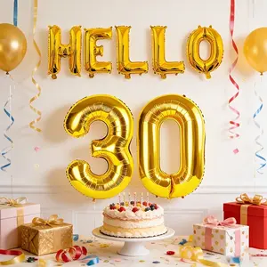 30th birthday party balloon set, consisting of 7 aluminum foil balloons forming the "HELLO 30" pattern, suitable for birthday party decoration and anniversary events, Letter Balloons
