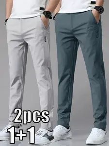 Men's Solid Color Casual Pants, Comfortable Regular Fit, Casual Stretch Waist, Daily Use Men's Trousers, Stylish and Versatile Design for Everyday Wear