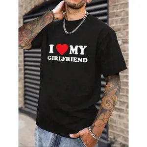 Men's Letter & Heart Print Round Neck Tee, Regular Fit Casual "I Love My GF" Print Short Sleeve T-shirt For Summer, Men's Top For Daily Outdoor,Men's Solid Color Crewneck Tee for Gym & Casual