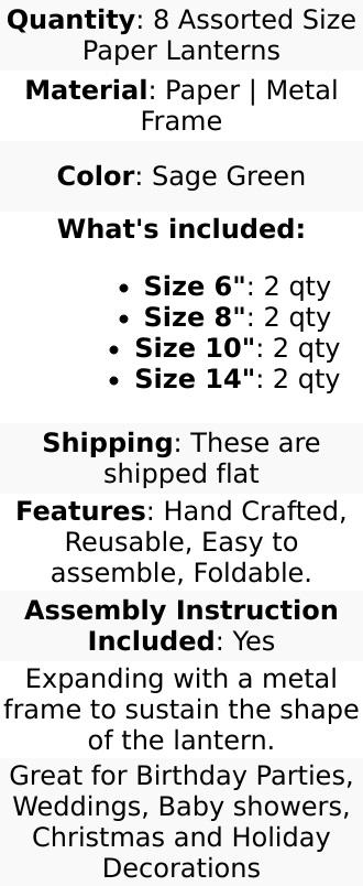 Set of 8 Sage Green Hanging Paper Lanterns, Decorative Round Chinese Sky Lanterns, Assorted Sizes  - 6",8",10",14"