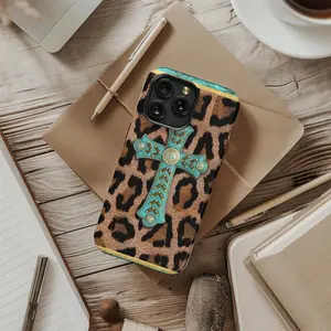 Boujee Western Turquoise Cross Leopard Print Phone Case for iP Phone 16, 15, 14, 13, 12, 11, X, 8, 7 Series Pro - Pro Max - Plus - Mini Faith Southern Glam Cove