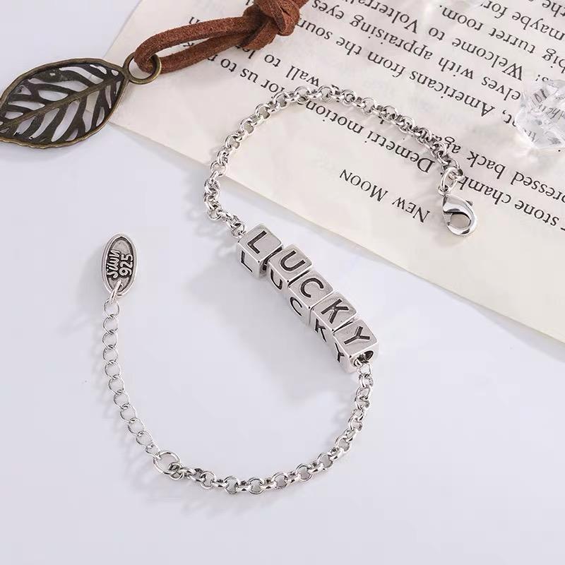 925 Sterling Silver Lucky Charm Bracelet: Geometric Cubes with English Letters, Perfect for Everyday and Party Wear