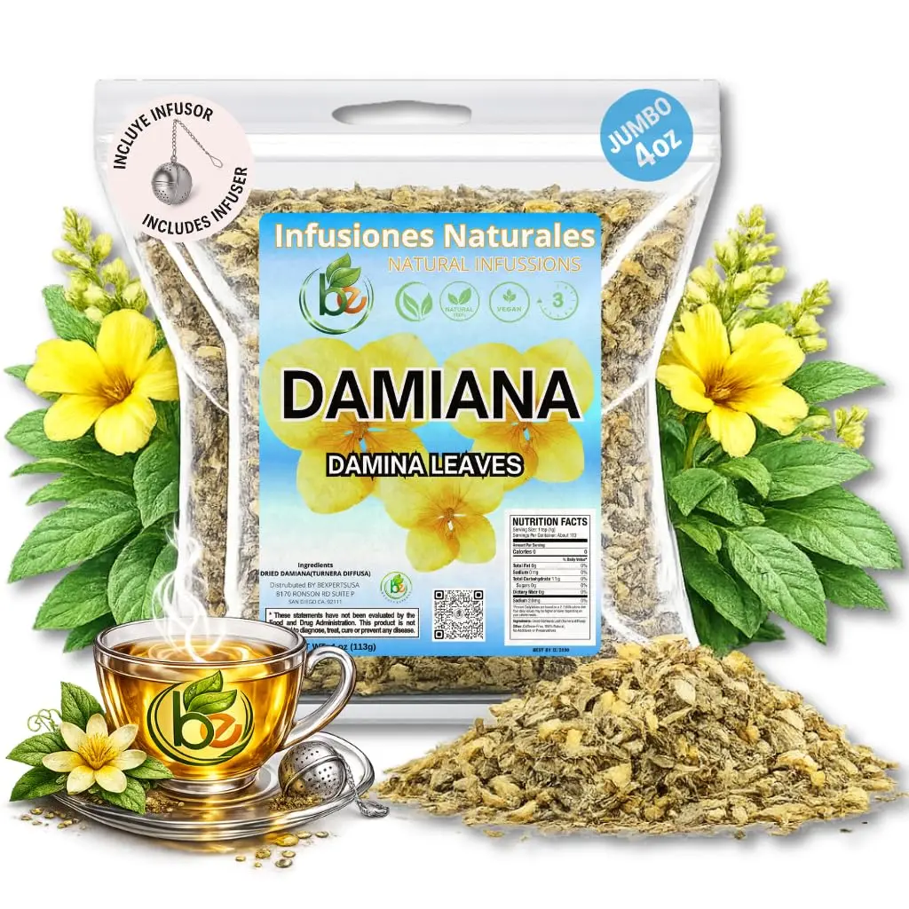 Damiana Leaf Tea 4 oz (113g) with Stainless Steel Tea Infuser – 100% Natural Dried Damiana (Turnera diffusa) – Authentic Mexican Loose Leaf Tea – Caffeine-Free, Non-GMO, Vegan – by BEXPERTSUSA
