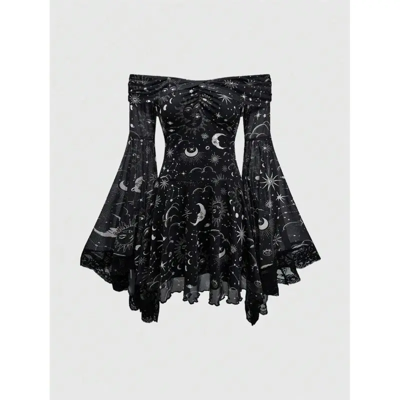 Women's Gothic Off-Shoulder Dress, A-Line Cut Star & Moon Graphic Mini with Ruched Mesh and Flare Sleeves, Slim Fit, Asymmetrical Waist, Polyester Mesh, Mini Hem