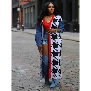 Women’s geometric houndstooth patchwork print drop-shoulder longline cardigan, casual open-front knitwear with long sleeves for autumn and winter, fashionable women’s knitwear for everyday wear, sweaters for women