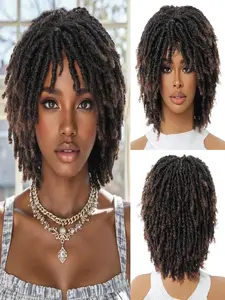 Dreadlock Wig For Black Women And Men Short Afro Twist Faux Locs Braided Wigs Glueless Synthetic Afro Curly Wigs (Ombre Brown, 12 Inch)