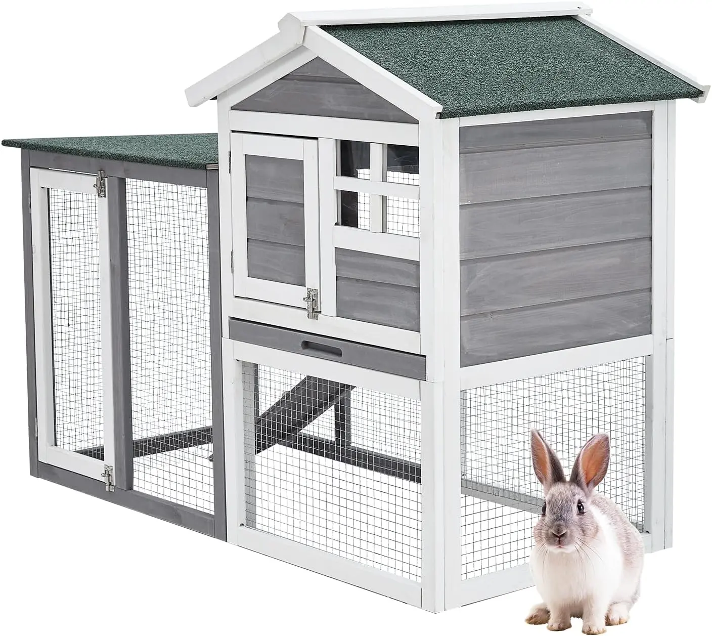 48" Outdoor Wooden Rabbit Hutch, 2-Tier Bunny House with Leak-Proof Trays & Waterproof Asphalt Roof, Removable Pull-Out Tray for Easy Cleaning