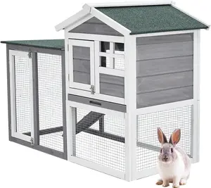 48" Outdoor Wooden Rabbit Hutch, 2-Tier Bunny House with Leak-Proof Trays & Waterproof Asphalt Roof, Removable Pull-Out Tray for Easy Cleaning