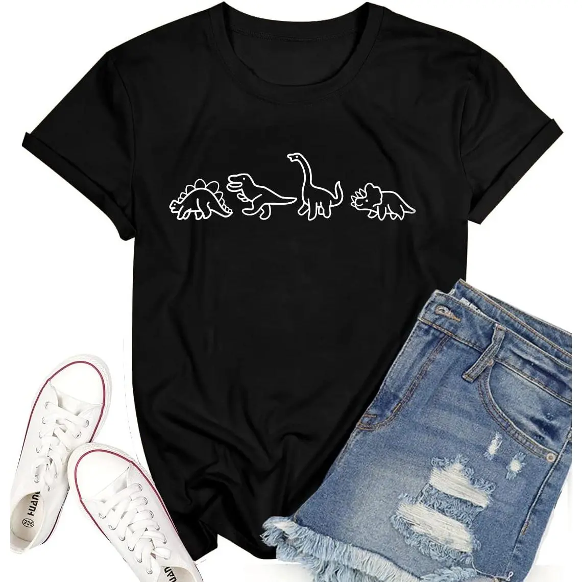 Women’s short-sleeve T-shirt with dinosaur print, crew neck, casual style
