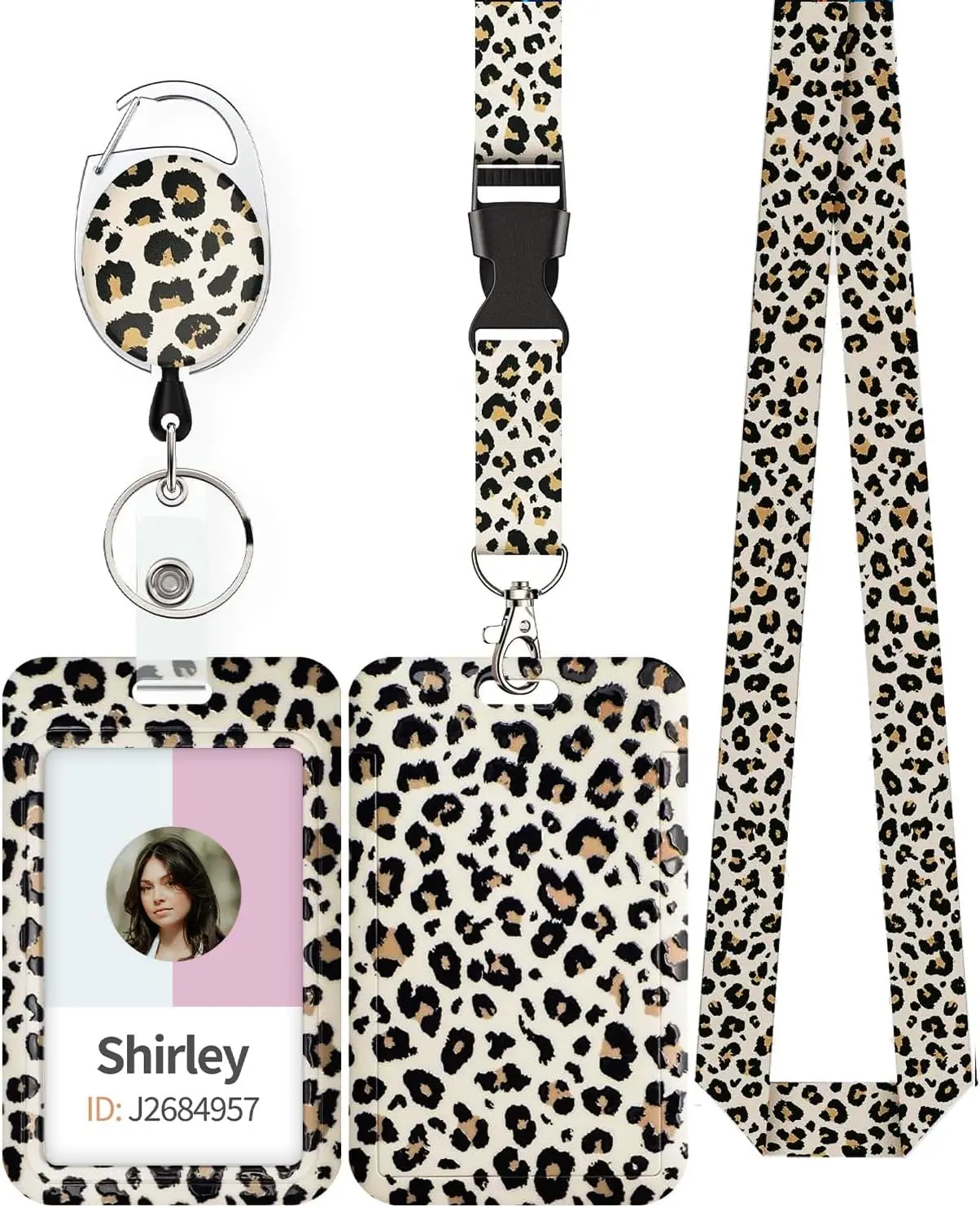 Uniclife Fashionable Sliding Badge Holder Leopard Print Plastic Case with Retractable Badge Reel Carabiner Clip & Detachable Lanyard Strap Vertical Card Protector for Worker Nurse Teacher Student