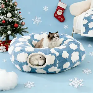 Christmas Cat Tunnels for Indoor Cats, 35'Plush Cat Tunnel Bed Christmas Tree Skirt withPlayful Ball and Circle Cushion, FoldablePeekaboo Cave,Interactive Toy,