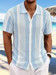 Men's Summer Casual Knit Short Sleeve Cardigan, Colorblock Hollow Out Striped Shirt, Textured Lightweight Versatile Top, Casual Outdoor Shirt