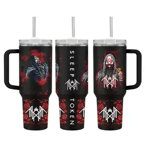 Sleep Token Tumbler 40oz with Handle & Straw, Metal Band Merch Mug, Dark Gothic Aesthetic Cup, Alternative Rock Fan Gift, Black Red Rose Design Drinkware, Heavy Metal Lover Gift For Him Her, Unique Emo Grunge Style Travel Coffee Cup