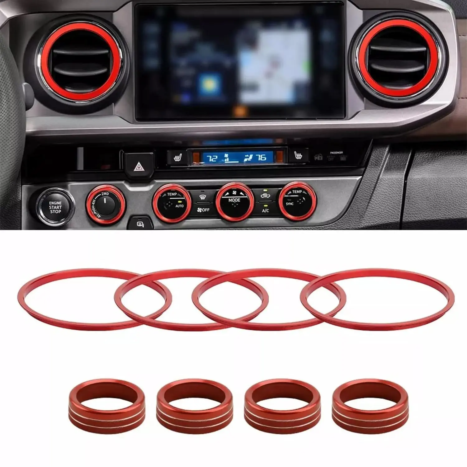 AC knob Cover Trims and AC Vent Inner Rings for Toyota Tacoma Accessories 2016-2023 Interior Air Conditioner Vent Ring Cover Trims Air Conditioner Knob Rings 8pcs-Set (Red)