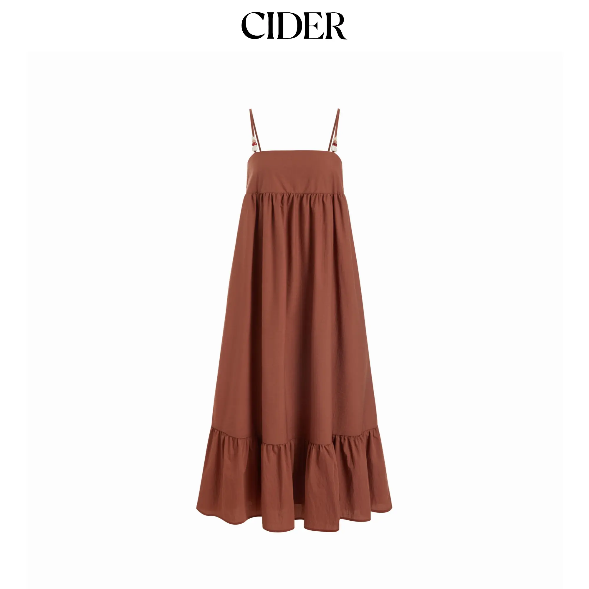 Cider Women's Oversized Loose Ruched Beaded-Strap Milkmaid Maxi Dress - Sleeveless, Casual, Women's Clothes, Beads, Polyamide-Rayon Fabric